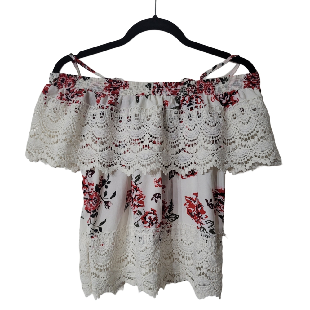 No Boundaries Red and White Lace Off The Shoulder Floral Blouse Sz M (7-9) - Picture 1 of 7